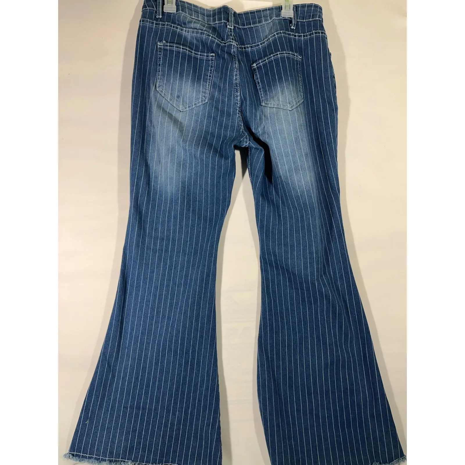 Womens Bell Bottom Jeans Pinstripe Flare Button Fly Boho Hippie Denim Pants XL Blue - Image 2