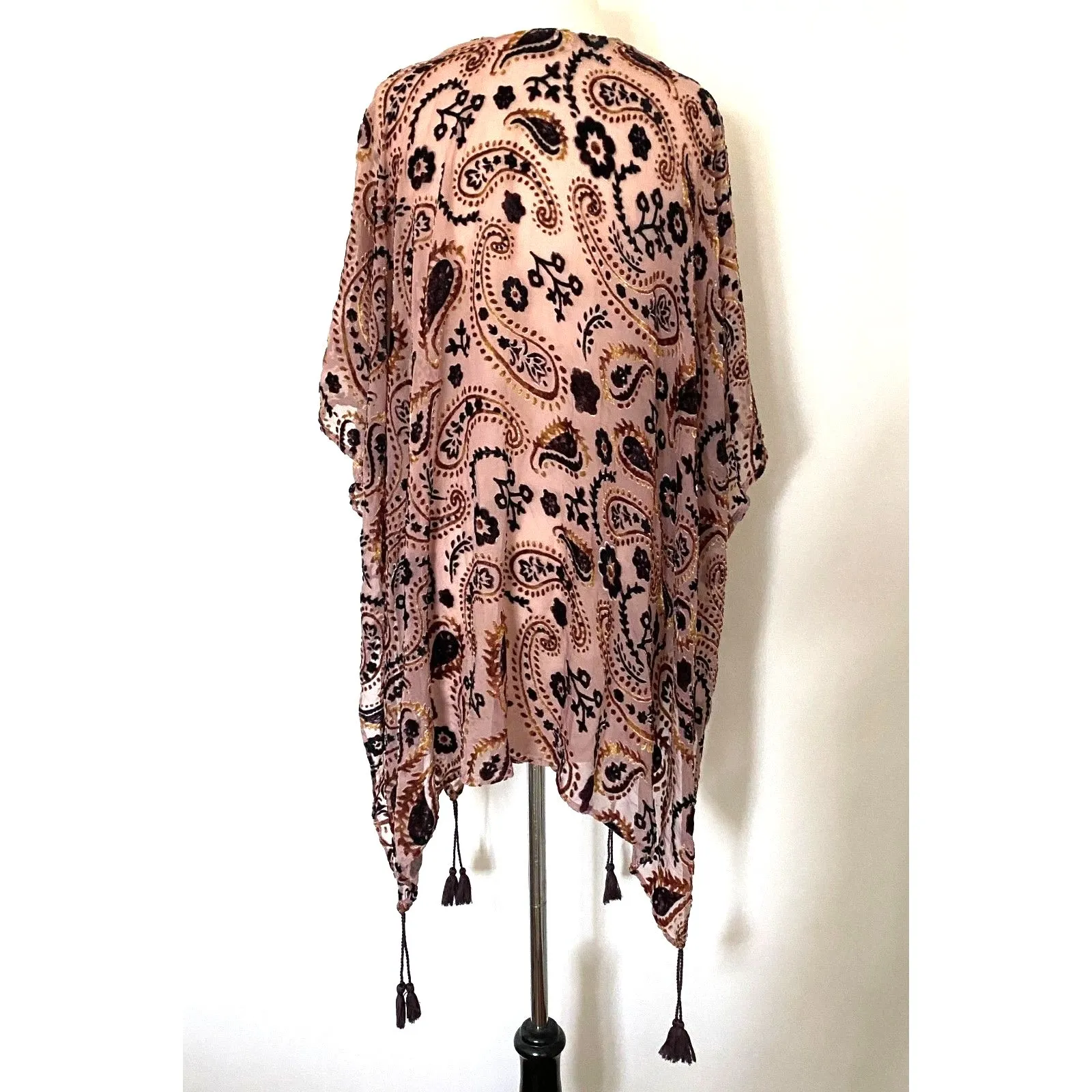 Japna Velvet Burnout Floral Paisley Cape Shawl Tassel Fringe Kimono Boho Chic M - Image 2