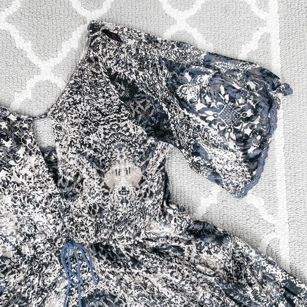 Free people paisley blue cutout puff sleeve cottage core flare mini dress - Image 4