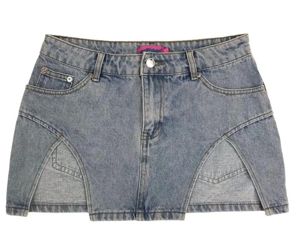 EDIKTED Denim Skirt Women Sz S Low Rise Front Slits Boho Preppy Feminine Party - Image 7