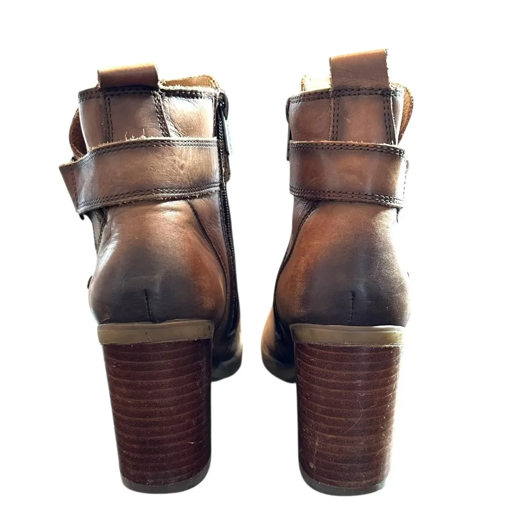 Pikolinos Leather Ankle Boots Cognac Brown Block Heel Zip Strap Detail Size 39 Tan - Image 5