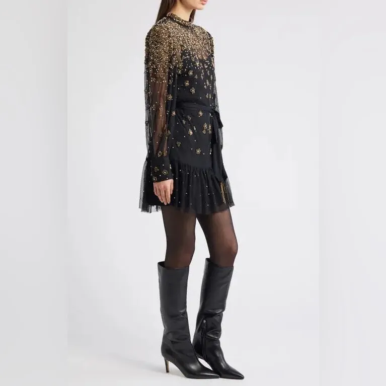 FARM RIO Black Embroidered Tulle Overlay Belted Long Sleeve Mini Dress,Small,398 - Image 11
