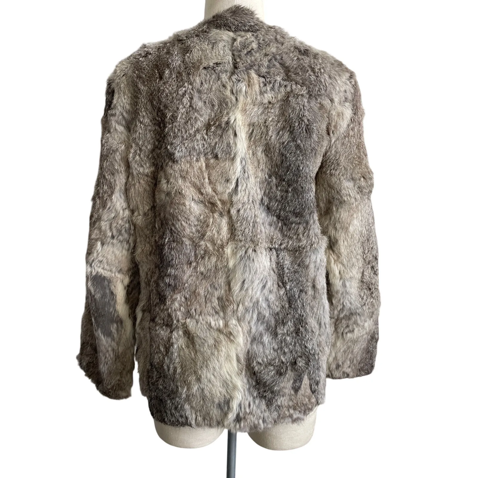 Vintage Genuine Fur Short Jacket Gray Taupe Leather Trim Zip Front Luxury Coat Tan Size M - Image 10