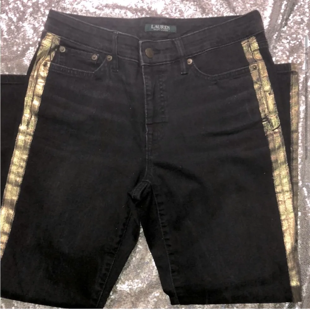 Lauren Ralph Lauren 8 gold strip black jeans 25” inseam, zip button closure, str - Image 2
