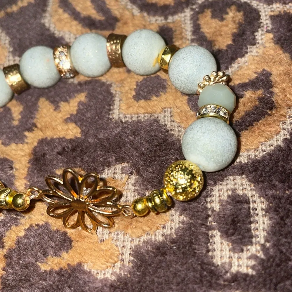 Beaded Amazonite Handmade Bracelet with flower spacer Gold - Image 3