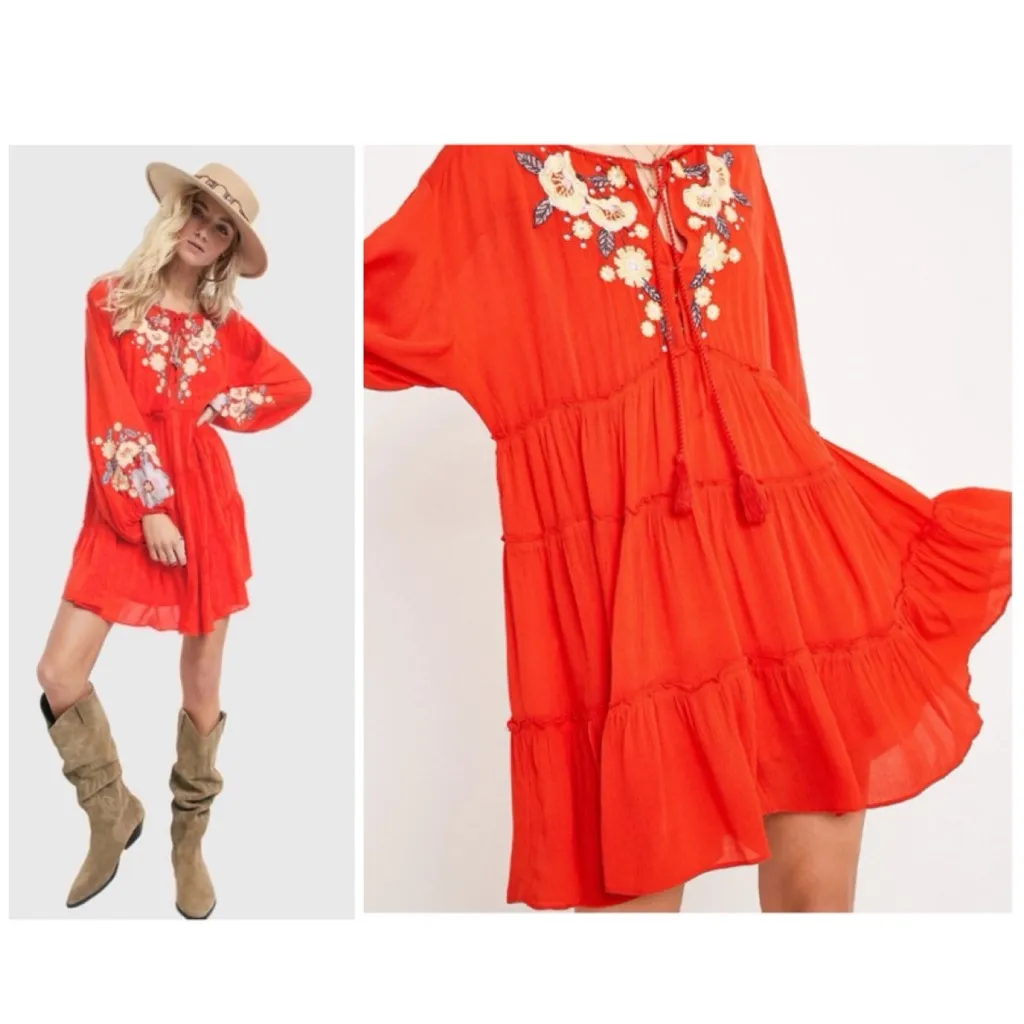 Free People Orange Red Embroidered Boho Floral Spell On You Mini Dress XS - Image 12
