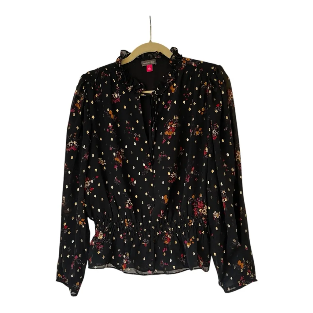 Vince‎ Camuto Large Black Semi Sheer Smocked Lined Tie Ruffled Floral Blouse - Image 2