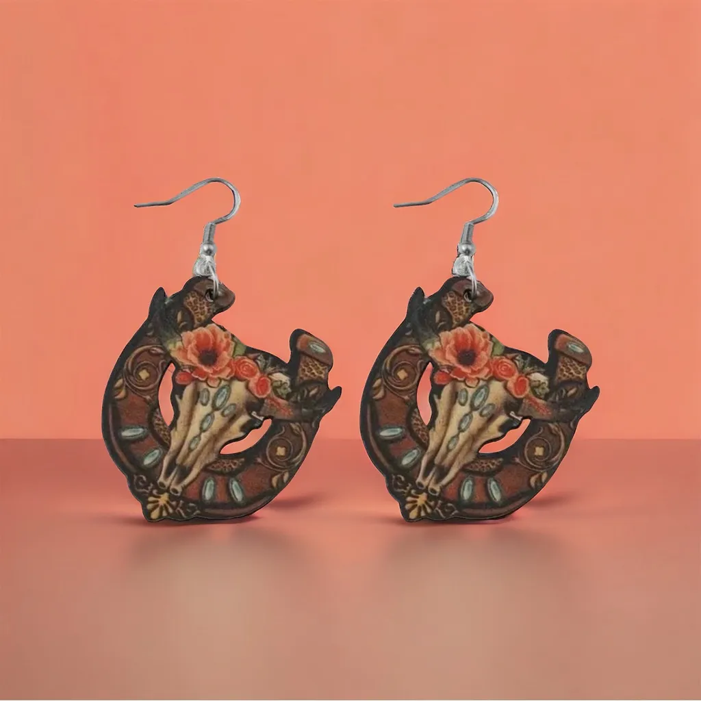 Western bullhead flower pattern wooden drop‎ earrings Brown - Image 3