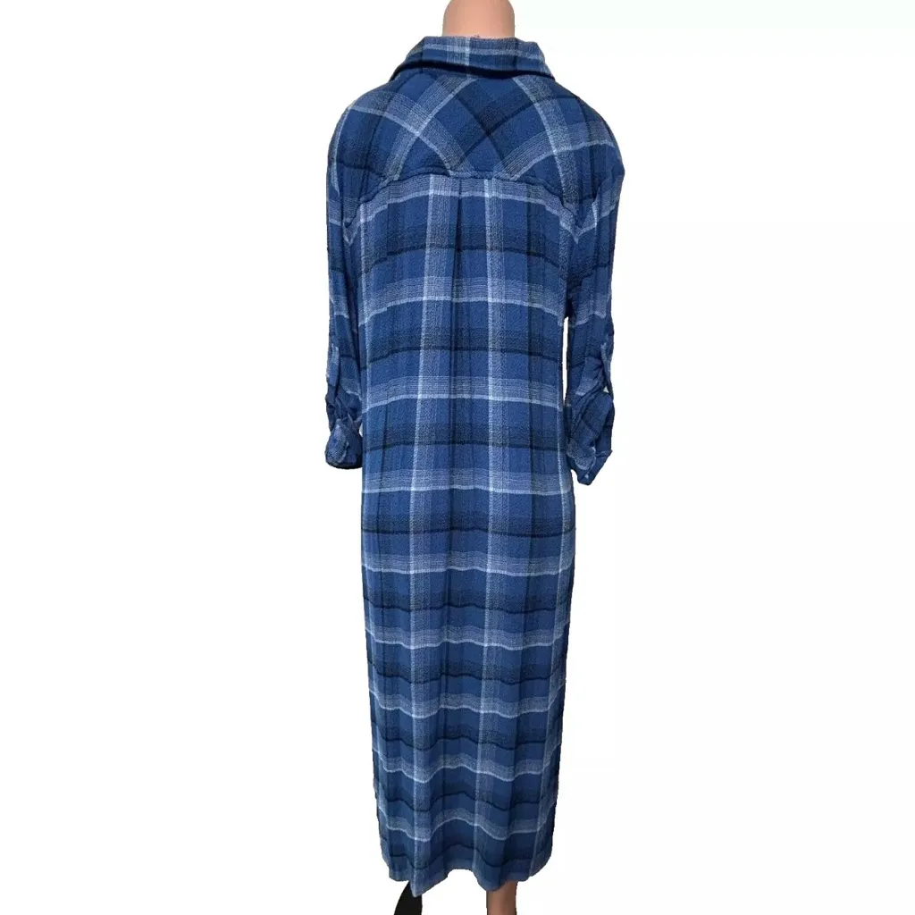 Cloth & Stone Roll Tab‎ Sleeve Duster Midi Dress Women's Size XS Navy Plaid NWT - Image 3
