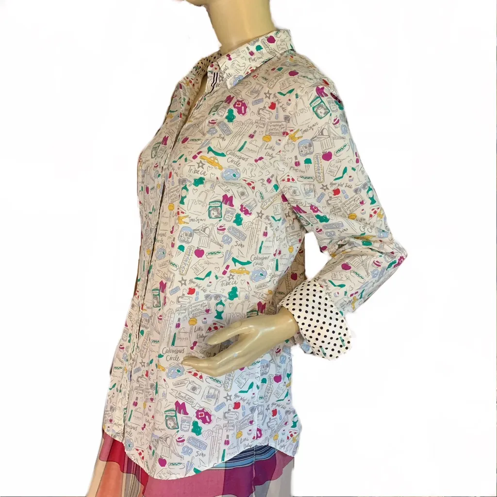 TALBOTS COTTON MULTI-COLOR NEW YORK CITY THEME "DOODLES" BUTTON DOWN TOP (M) - Image 3