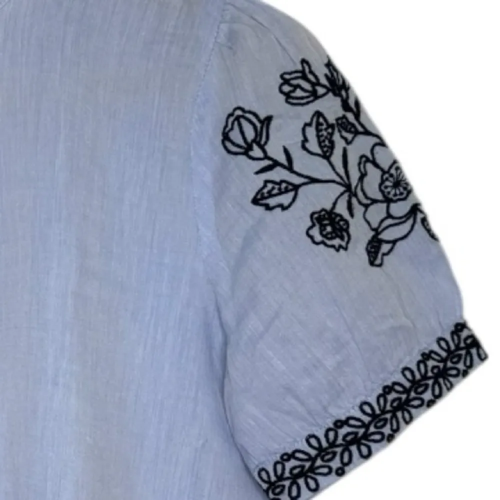 Loft Embroidered Cotton Short Sleeve Shirt Blue Small Boho Prep - Image 2