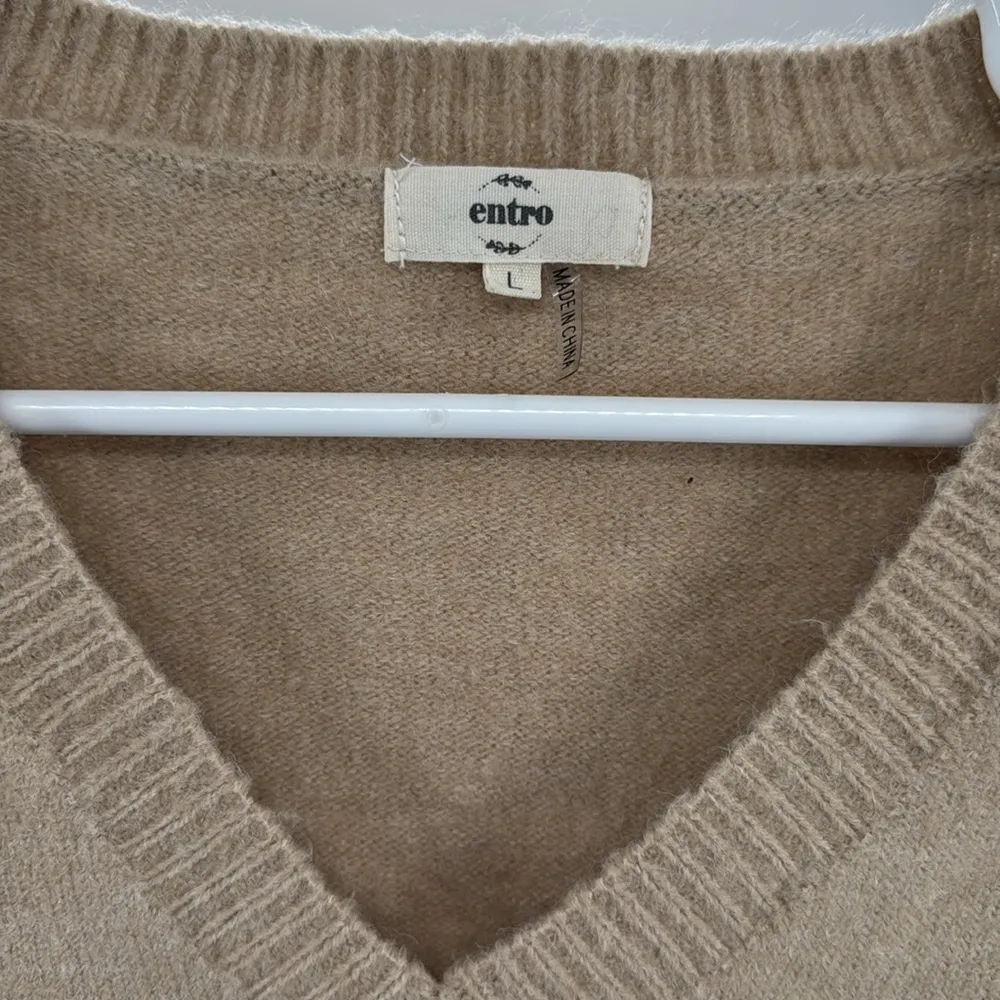 Entro Tan V-Neck denim sleeve contrast distressed sweater casual mixed material - Image 7