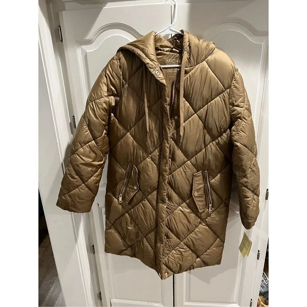 MICHAEL KORS Women's SZ M Hooded Quilted Puffer Jacket Coat Gold Lightweight NEW - Image 13