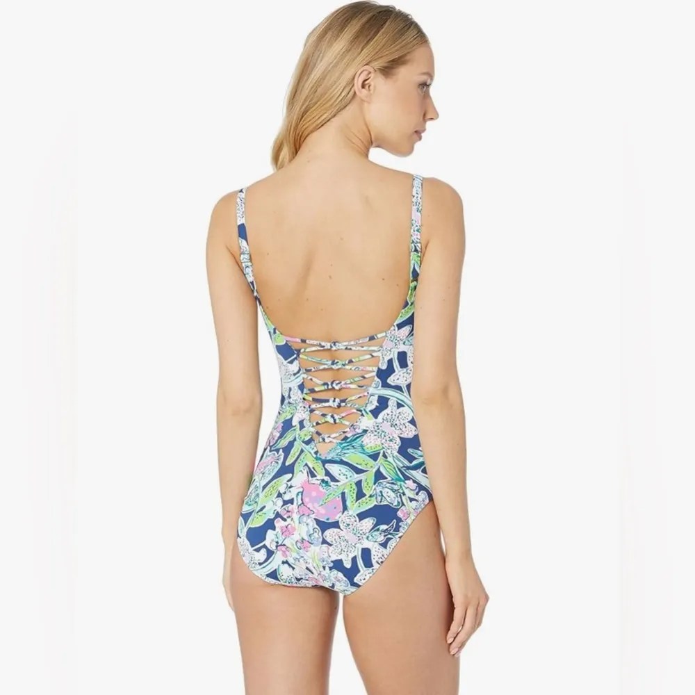 LILLY PULITZER Isle Lattice Swimsuit Deep Sea Navy Sway This Way Size 2 - Image 3
