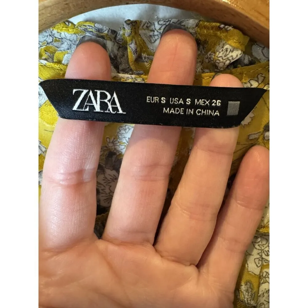 Zara Shirt Women Small‎ Yellow Floral Print Jacquard Ruffle Front Blouse Boho - Image 12