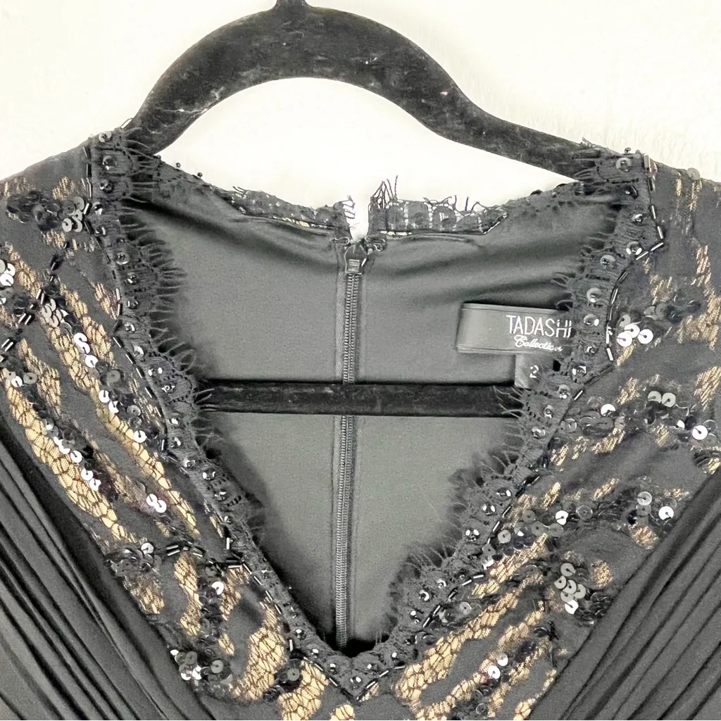 TADASHI Collection 100% Silk Black V-Neck Sequin Long Formal Evening Dress 2 - Image 15