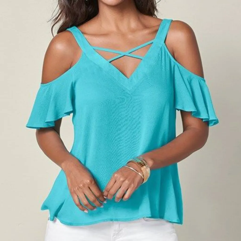 VENUS Strappy Detail V-Neck Top Turquoise Blue Cold Shoulder Short Sleeve Boho - Image 2