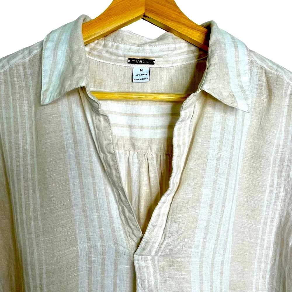 MAGASCHONI Linen Lagenlook White and Tan Stripe Oversized Tunic with Pockets M - Image 5