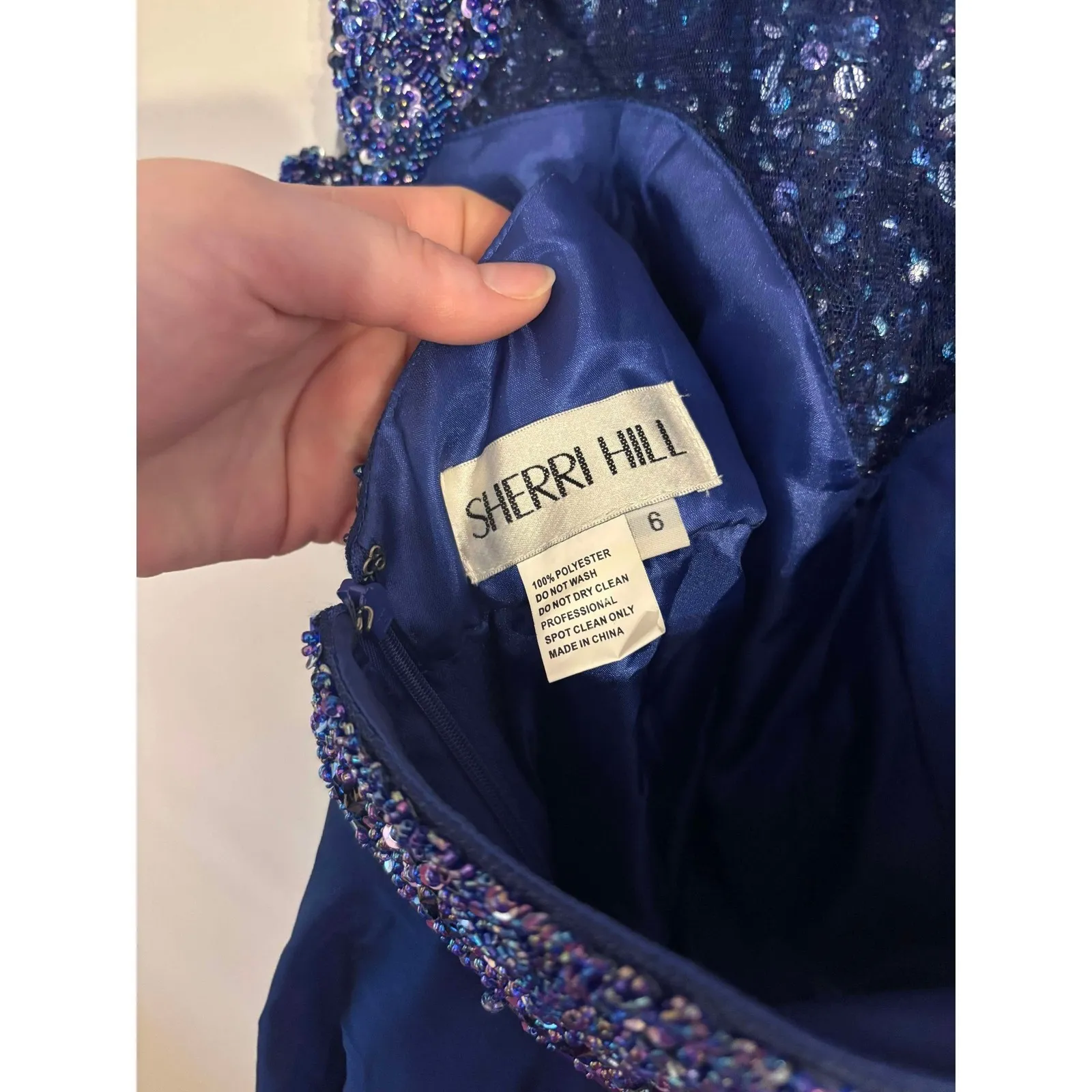 Sherri Hill Beaded Fit and Flare Cocktail Dress Women's Size 6 Blue Prom Formal - Image 3