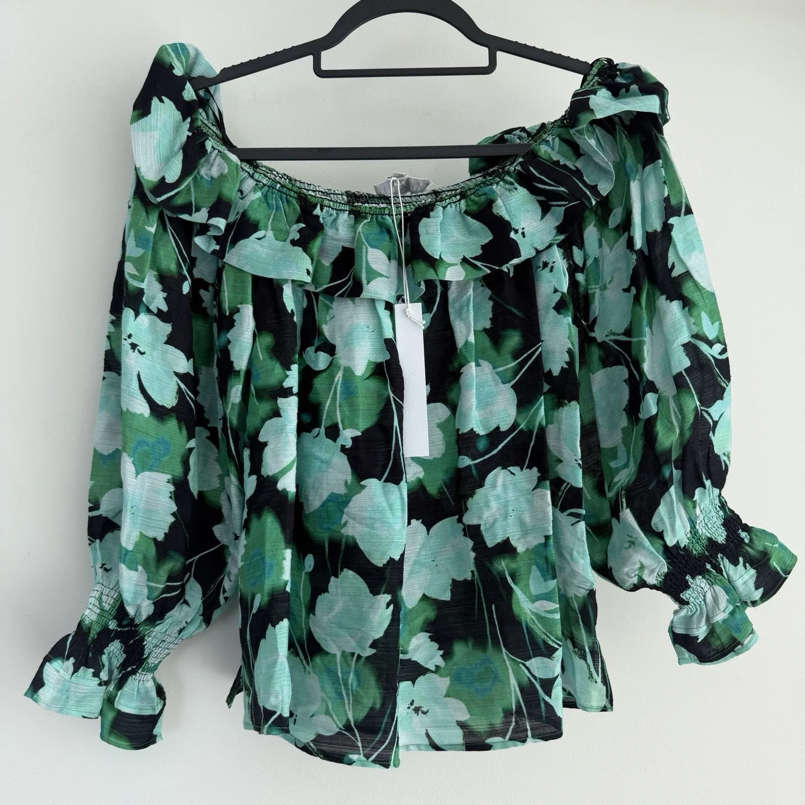 Christy Lynn Top Large Blue Black Floral Off Shoulder Blouse Romantic Feminine - Image 2