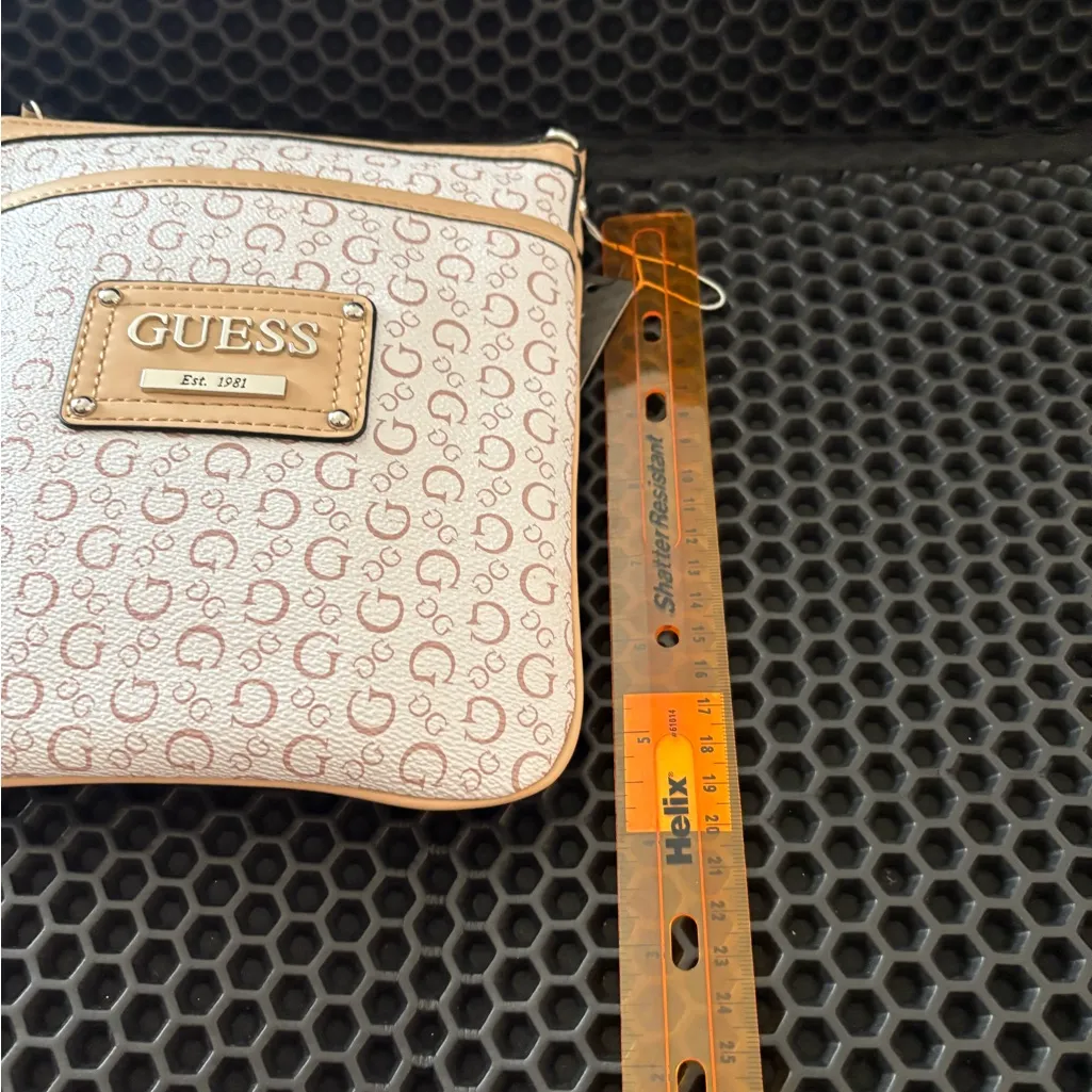 GUESS Beige and Tan Patterned Crossbody Bag - Image 6