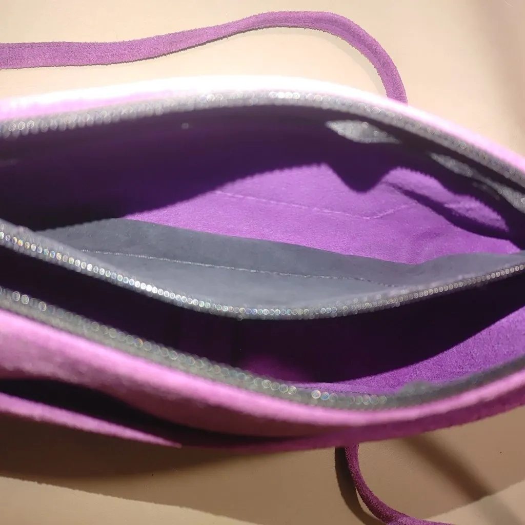 Crossbody Bag Purple Leather Purse Suede Zipper YKK Closure Vintage Compact - Image 7