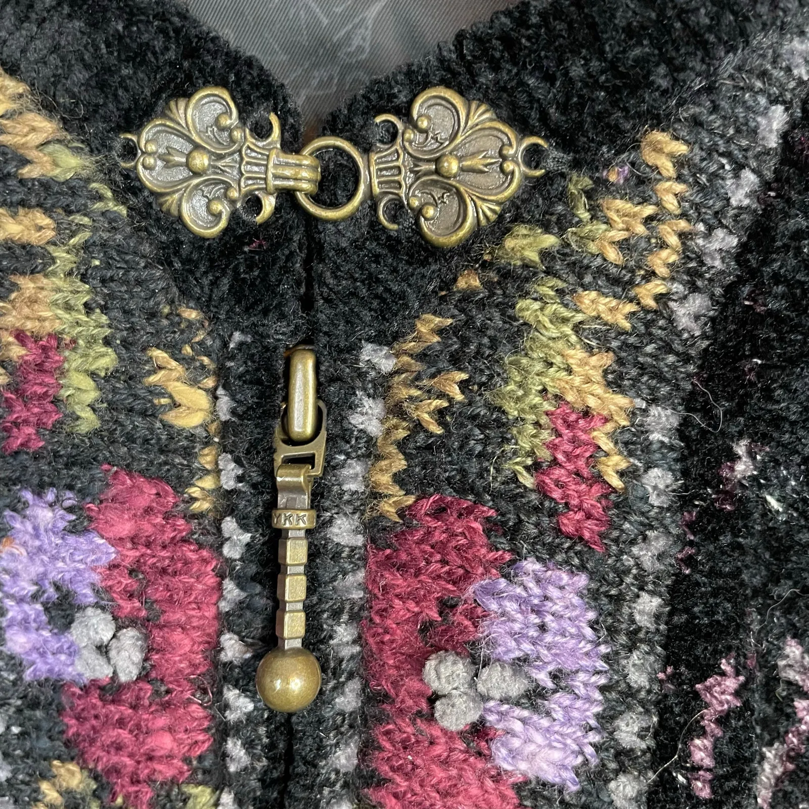 Vintage Icelandic Design Velvet Chenille Zip Up Cardigan Sweater Nordic Womens L Black Size L - Image 7