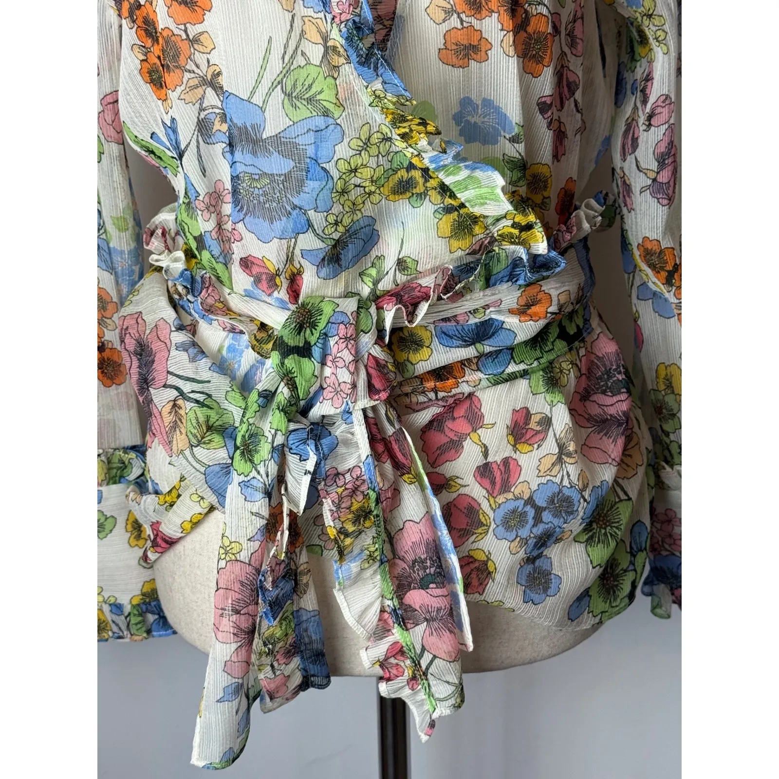Alexis Shirt Women Medium White Floral Sheer Long Sleeve Missie Wrap Top‎ Boho - Image 7