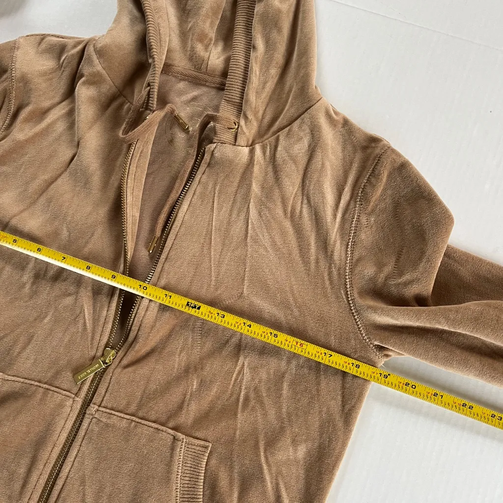 Michael Kors Sz M Tan Velour Full Zip Hoodie Jacket Sweater Pockets - Image 9