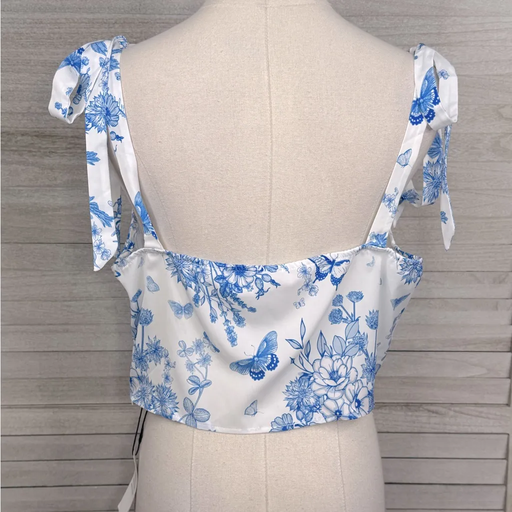 CIDER Cropped Tie Shoulder Tank Top White/Blue Floral Butterfly-XL - Image 2