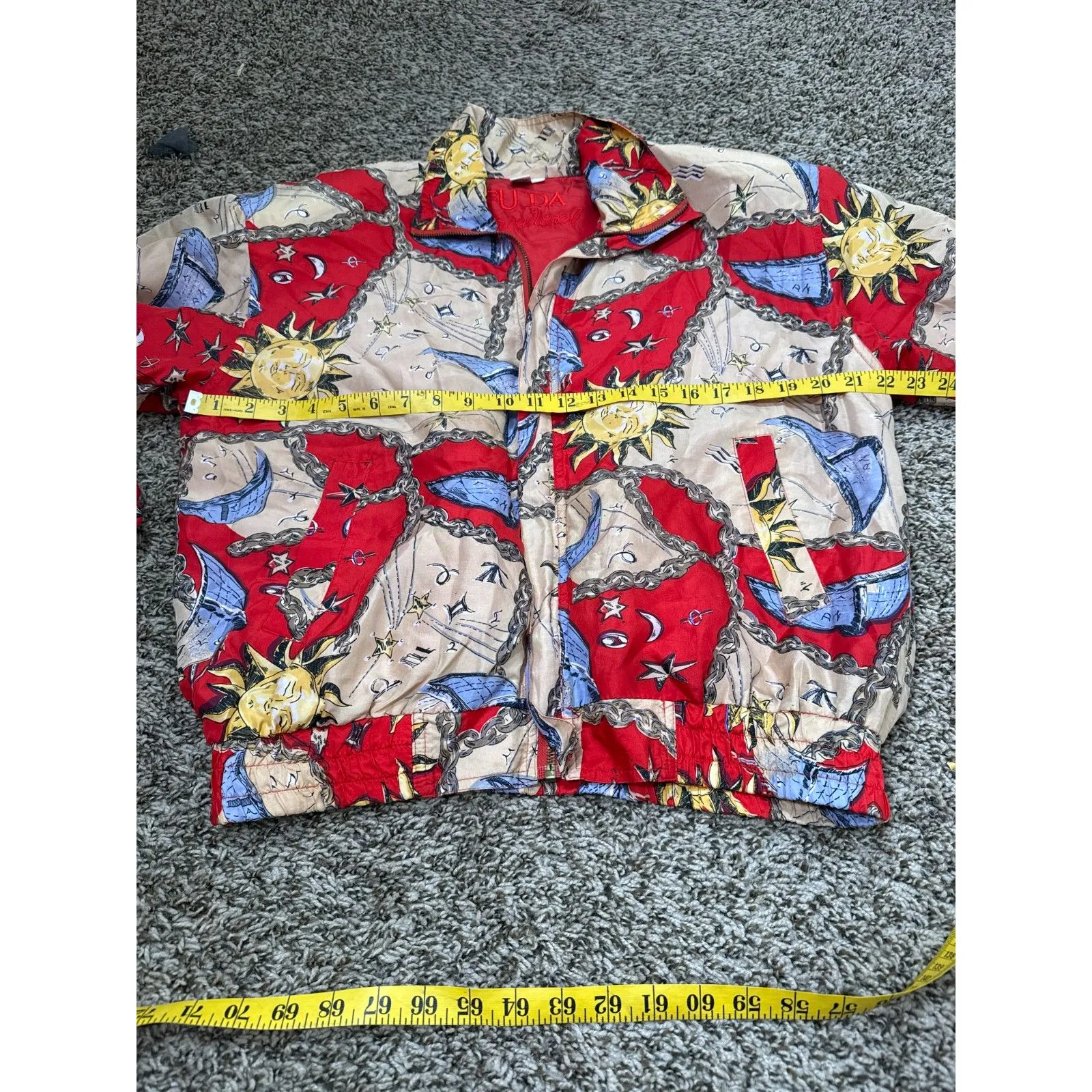 Vtg 90s Fuda International Silk Celestial Bomber Jacket Sz PM Sun Moon Chain Red - Image 8
