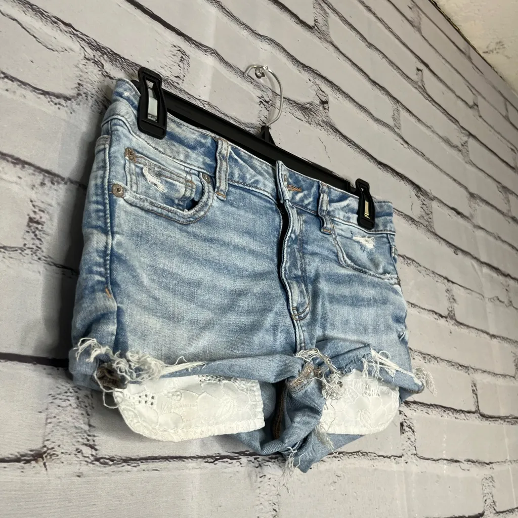 American Eagle Blue Jean Shorts Distressed Frayed Hem SZ 2 Biker High Waist Y2K - Image 8