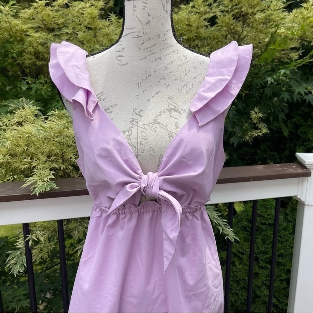 Drew ANTHROPOLOGIE Lisa coquette Dress Lilac Cotton poplin midi front tie Sz M - Image 4