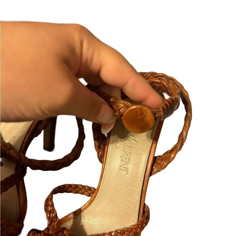 YSL LEATHER ANKLE WRAP HEELS Tan Size 6.5 - Image 3