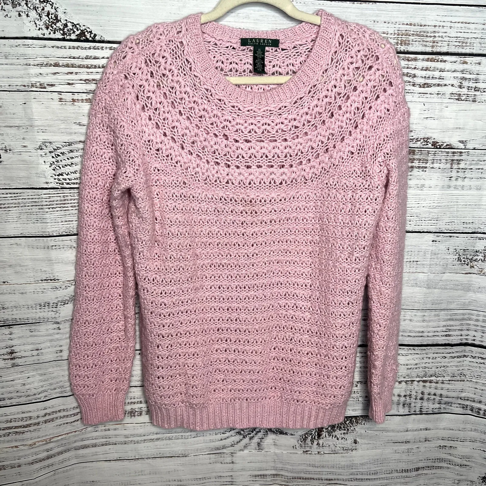 Lauren Ralph Lauren Pink Open Knit Sweater Long Sleeve Alpaca Wool Blend XL - Image 2