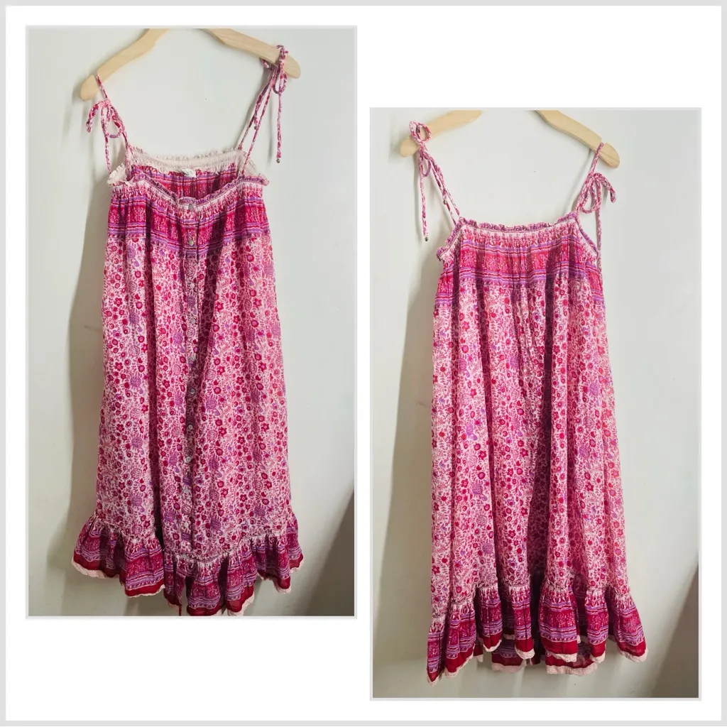 M.A.B.E Button Front Cotton Floral Smocked Midi Dress Pink Boho Tie Straps sz M Size M - Image 3