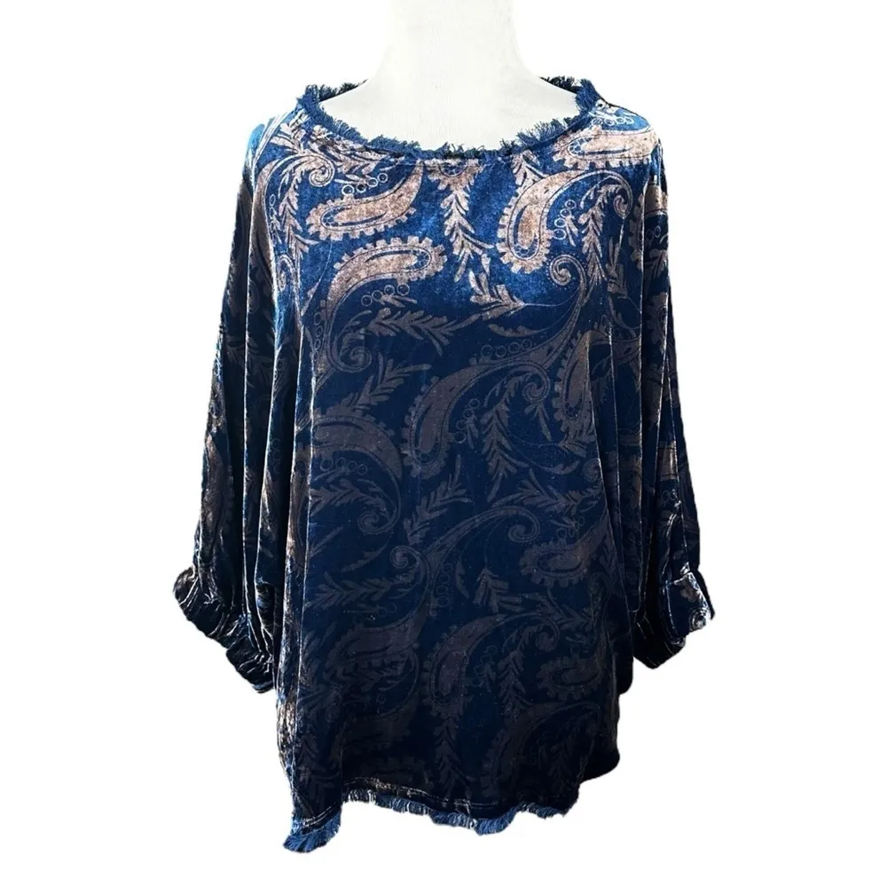 Sundance Alannah Velvet Top Size P Medium Paisley Midnight Blue Raw Hem Bohemian - Image 14