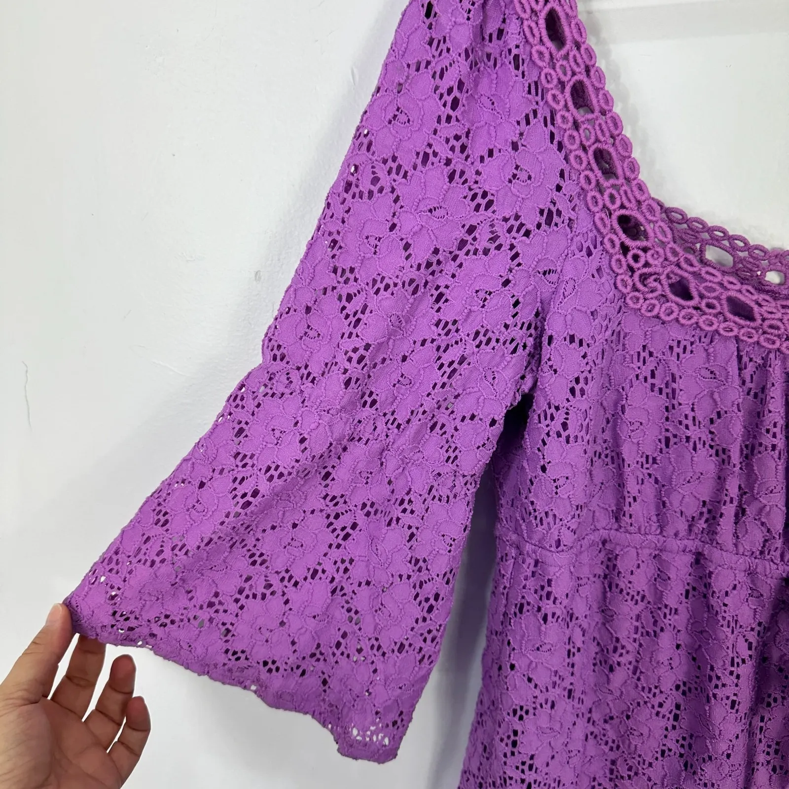 Laundry by Shelli Segal Babydoll Dress M Purple Crochet Lace Boho Cottage Fairy‎ - Image 6