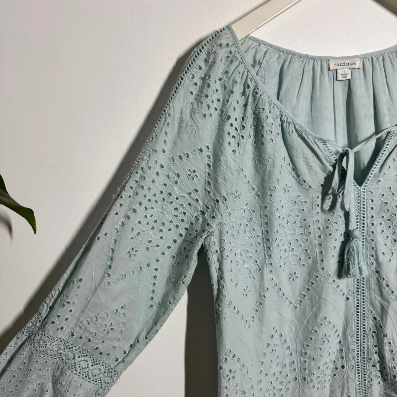 Sundance Coastland Eyelet Long Sleeve Dress S Blue Eyelet Cotton Cottage Boho - Image 5