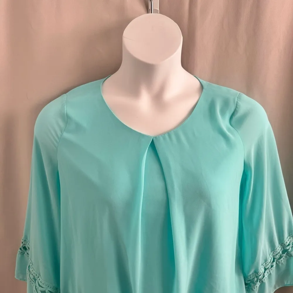 A. Byer Teal Chiffon Blouse with Three-Quarter Crochet Bell Sleeves - Image 3
