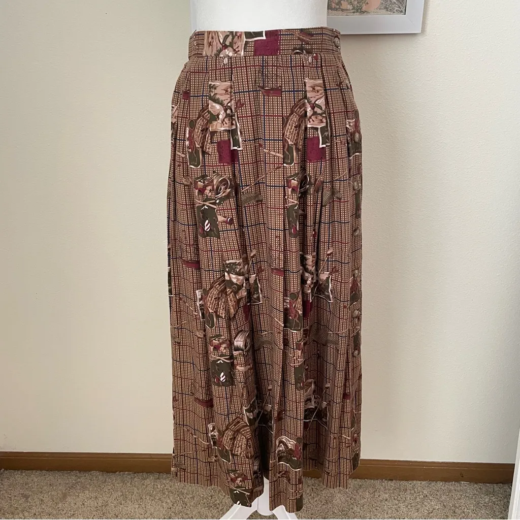Vintage 80s 90s Prestwyck Novelty Equestrian Horse Plaid Midi Pleated Skirt US 8 Brown - Image 2