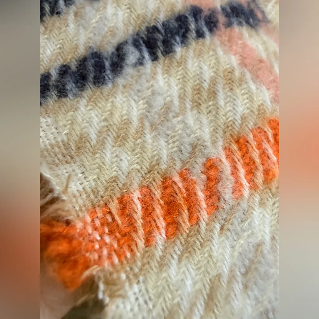 Maeve Anthropologie Oversized Plaid Scarf Wrap 30x76 Fringe Cream Navy Coral - Image 4