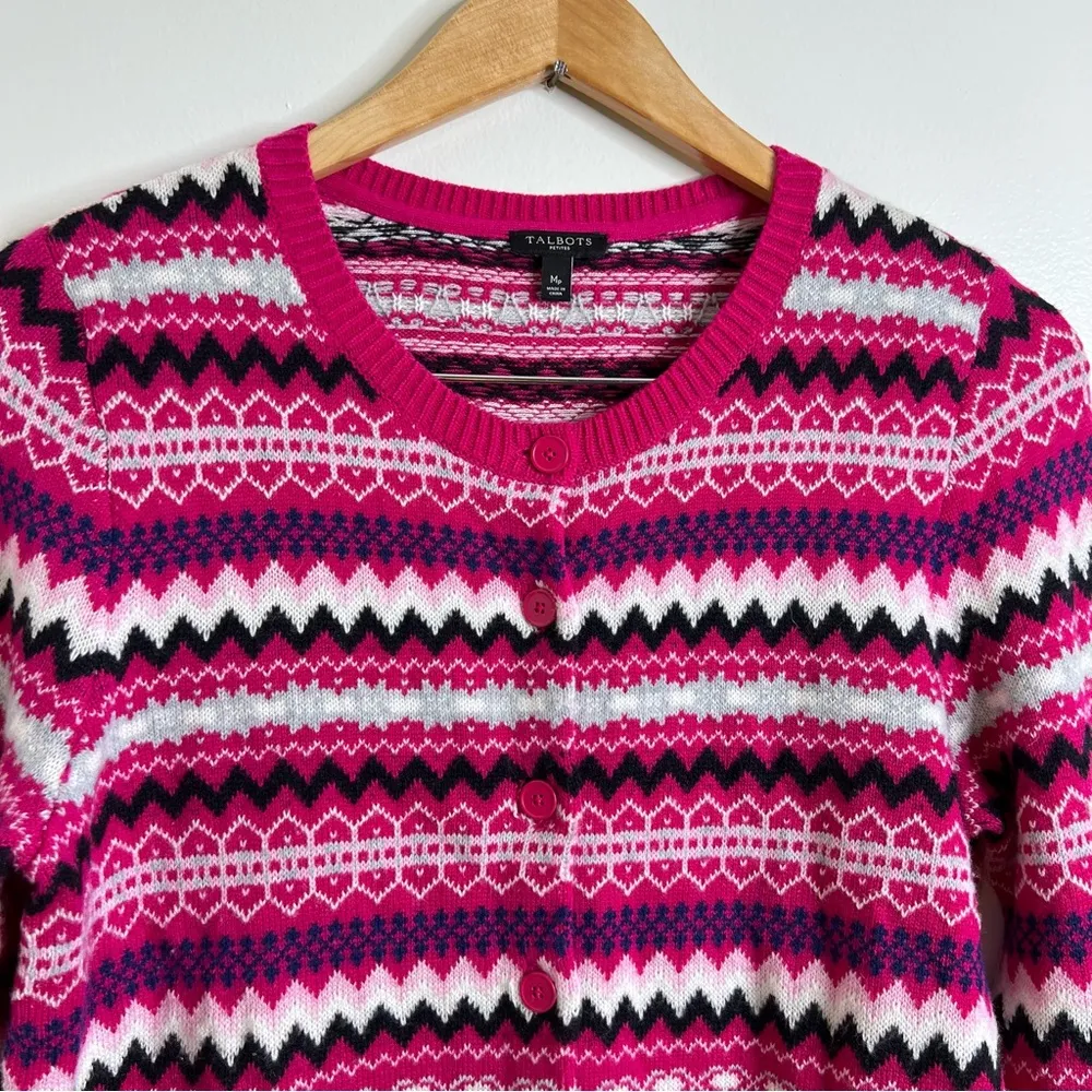 Talbots Lambswool Blend Cardigan Sweater Shades of Pink Medium Petite fair isle - Image 2