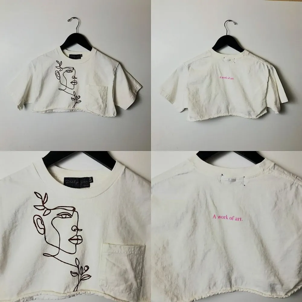 Lovely Jean A Work Of Art T Shirt Girl Illustration Pocket Raw Hem Graphic Tee Size XS - Image 12