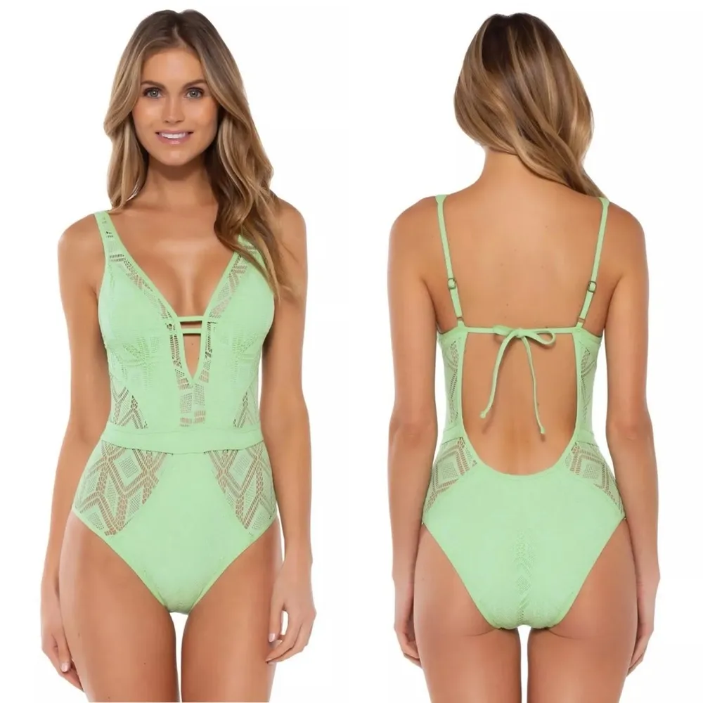 Becca Wanderlust Crochet Plunge One Piece Swimsuit in Mint Size XS NEW w/Tag - Image 5