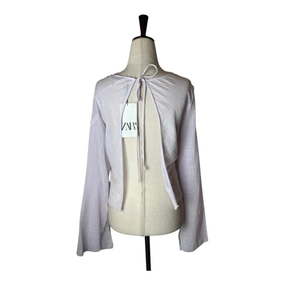Zara Shirt Women XS Purple Lilac Sheer Raw Seam Detail Tie Neck Open Back Top‎ - Image 2