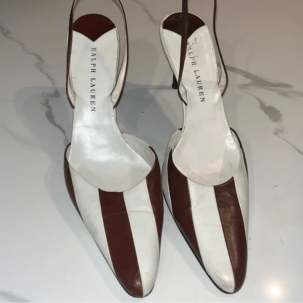 Vintage Ralph Lauren RARE Stripe Brown & White Leather Oxford Slingback Pumps - Image 3