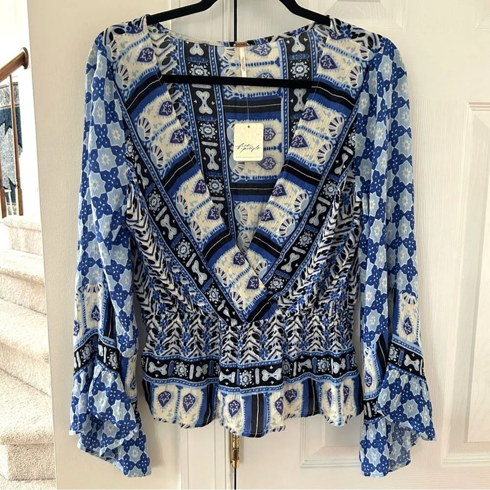 NWT Free People Rosalie Blue & White Mosaic Peplum Flutter Sleeve Top - Image 3
