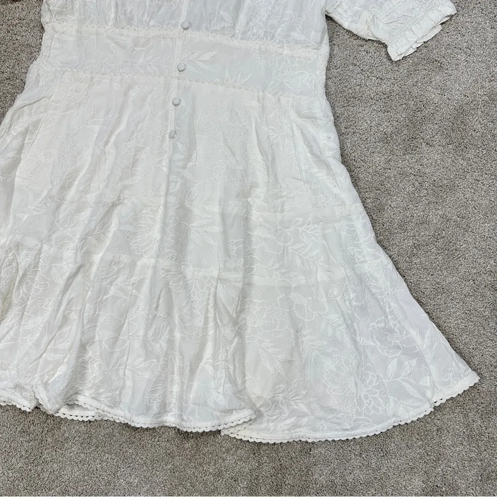 NWT Dear John Ellen Smocked Waist Mini Dress Pearled Ivory Garden Embroidered M - Image 7