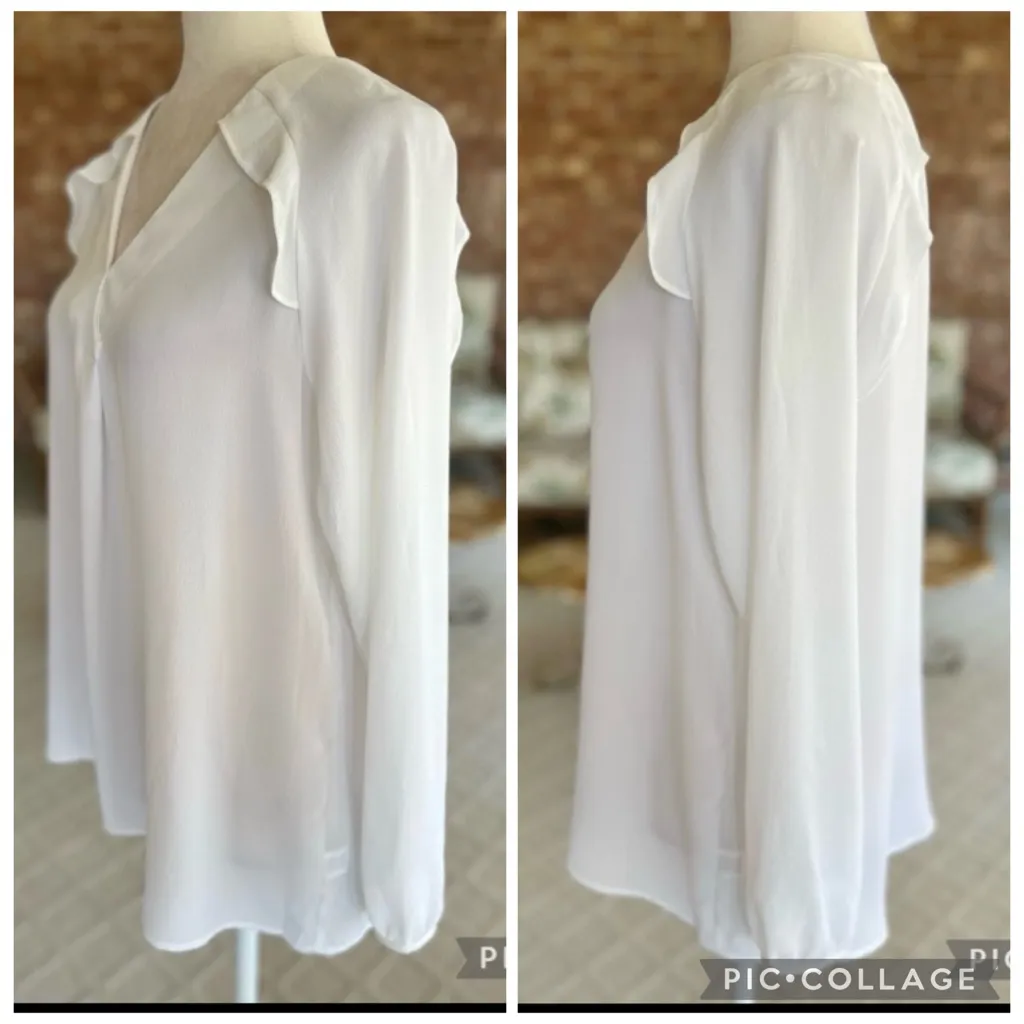 NY Collection Top Ruffles Crepe Long Sleeve White V-Neck Blouse S Work Date Chic - Image 9